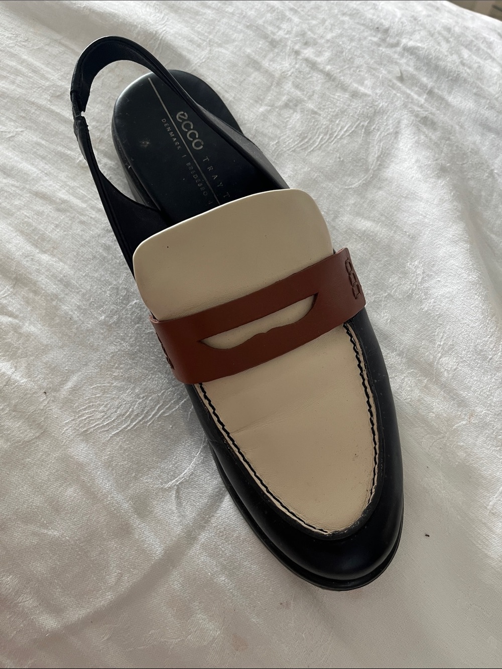 ECCO Black, Cream & Brown Leather Slingback Penny Loafer